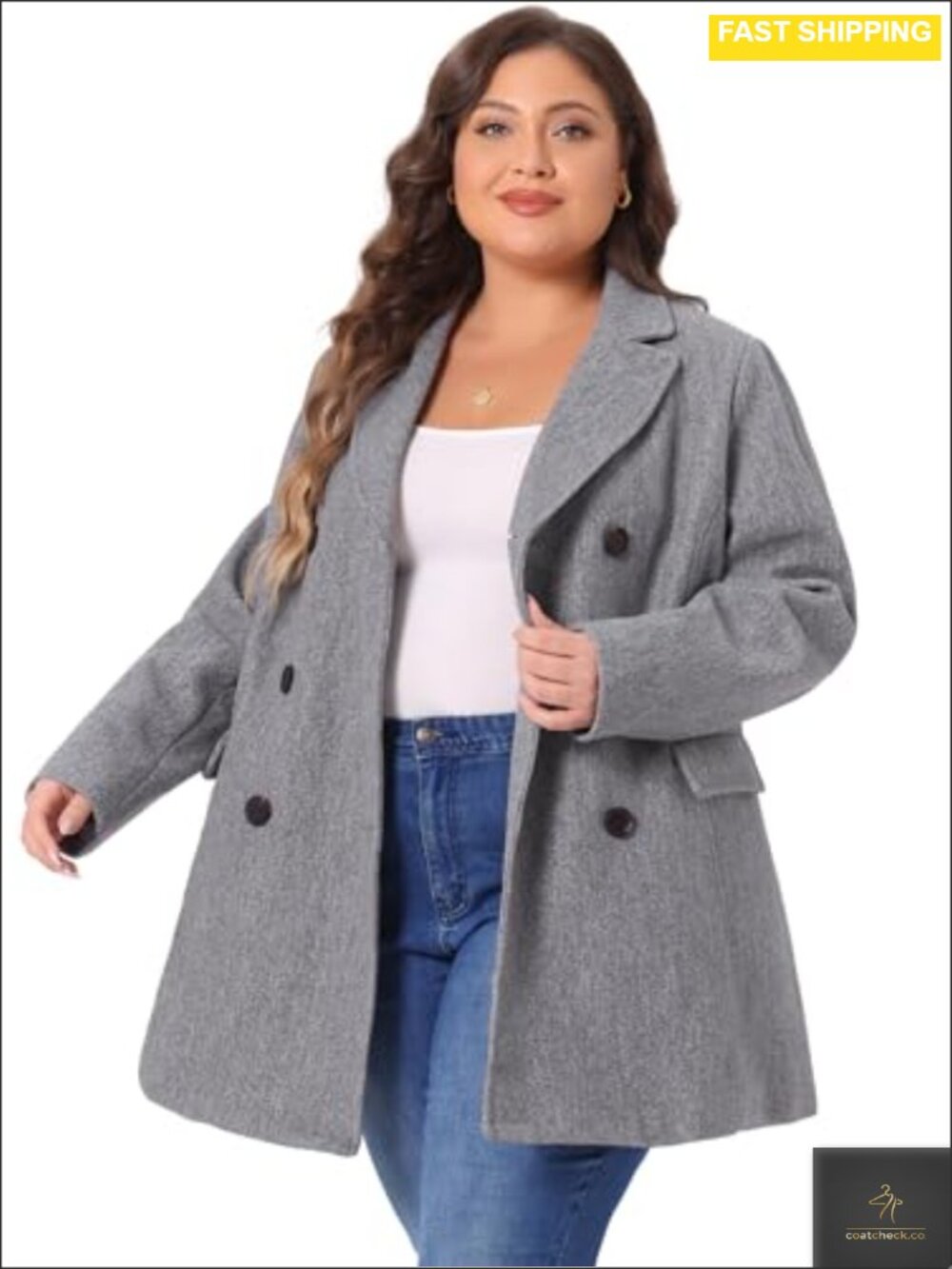 Plus Size Notched Lapel Double Breasted Pea Coat